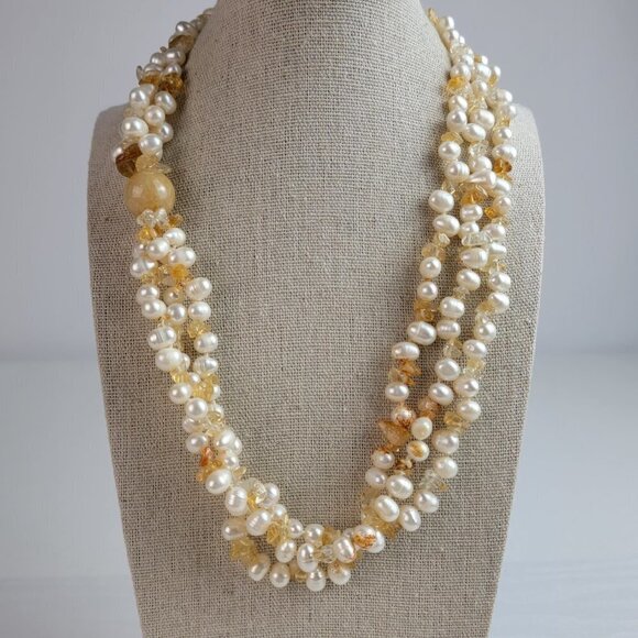 Chunky 3-Strand Natural Pearl Agate Beaded Statement Necklace 21" Sterling Clasp